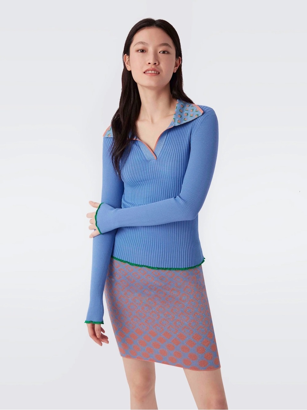 Diane Von Furstenburg Easton Collar Knit Sweater Top Size XS Chic Preppy 90s